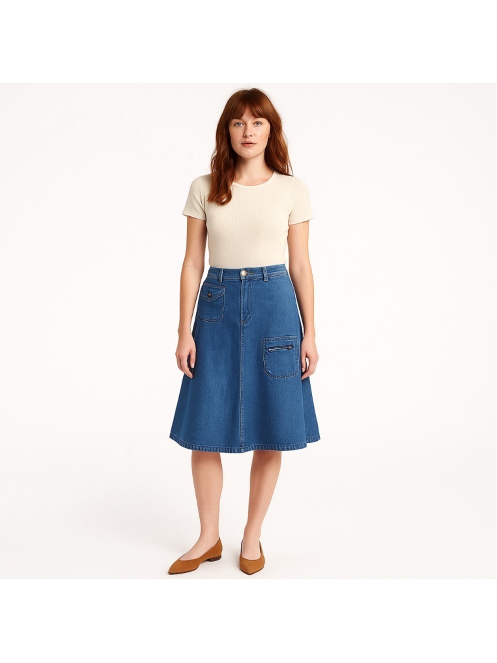 Vintage 70s A-Line Denim Midi Skirt Utility Pockets, Adjustable Waist 26-27” (S)